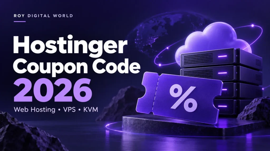 Hostinger Coupon Code 2026 featured image by Roy Digital World, with coupon and cloud hosting